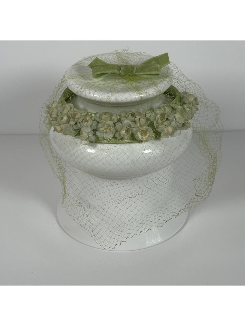 Vintage Green Floral Pillbox Hair Accessory with Veil and Bow